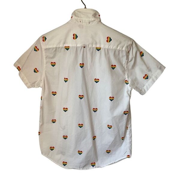 Mens Denim and Flower Rainbow Heart Button Up, Small. Slim fit. Pride! - Picture 5 of 14